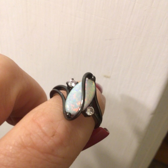 Black Rhodium Plated Created Fire Opal with cubic zirconia sz 8 - Picture 2 of 9